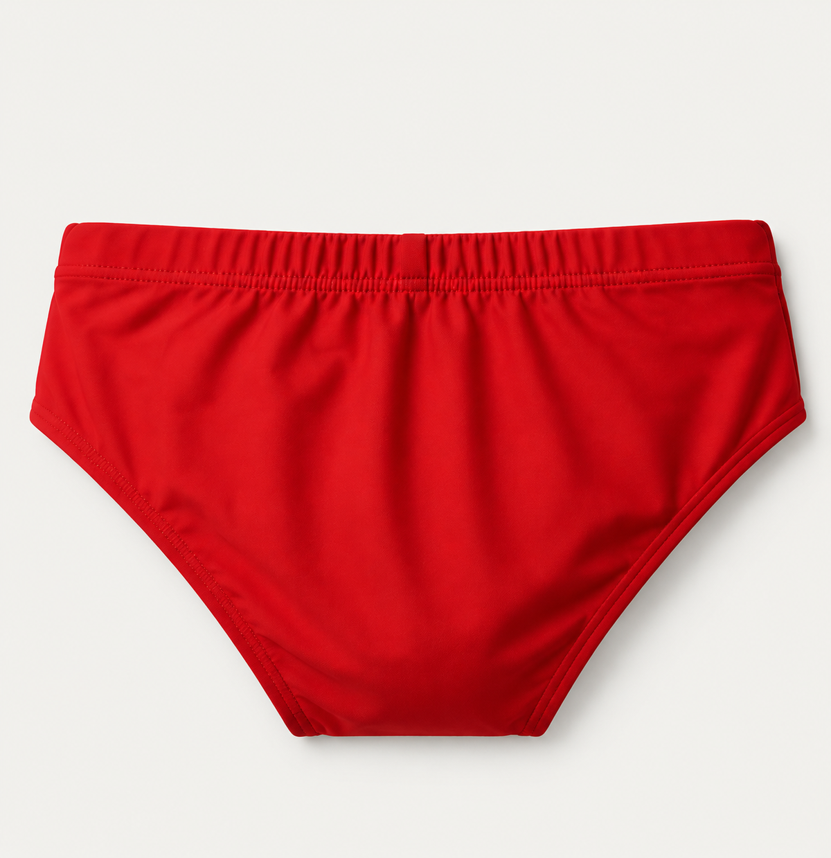 A pair of solid red bikini bottoms with a wide elastic waistband, shown flat against a light off-white background.