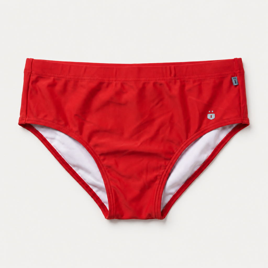 Red swim briefs with a white inner lining, shown flat against a light gray background.