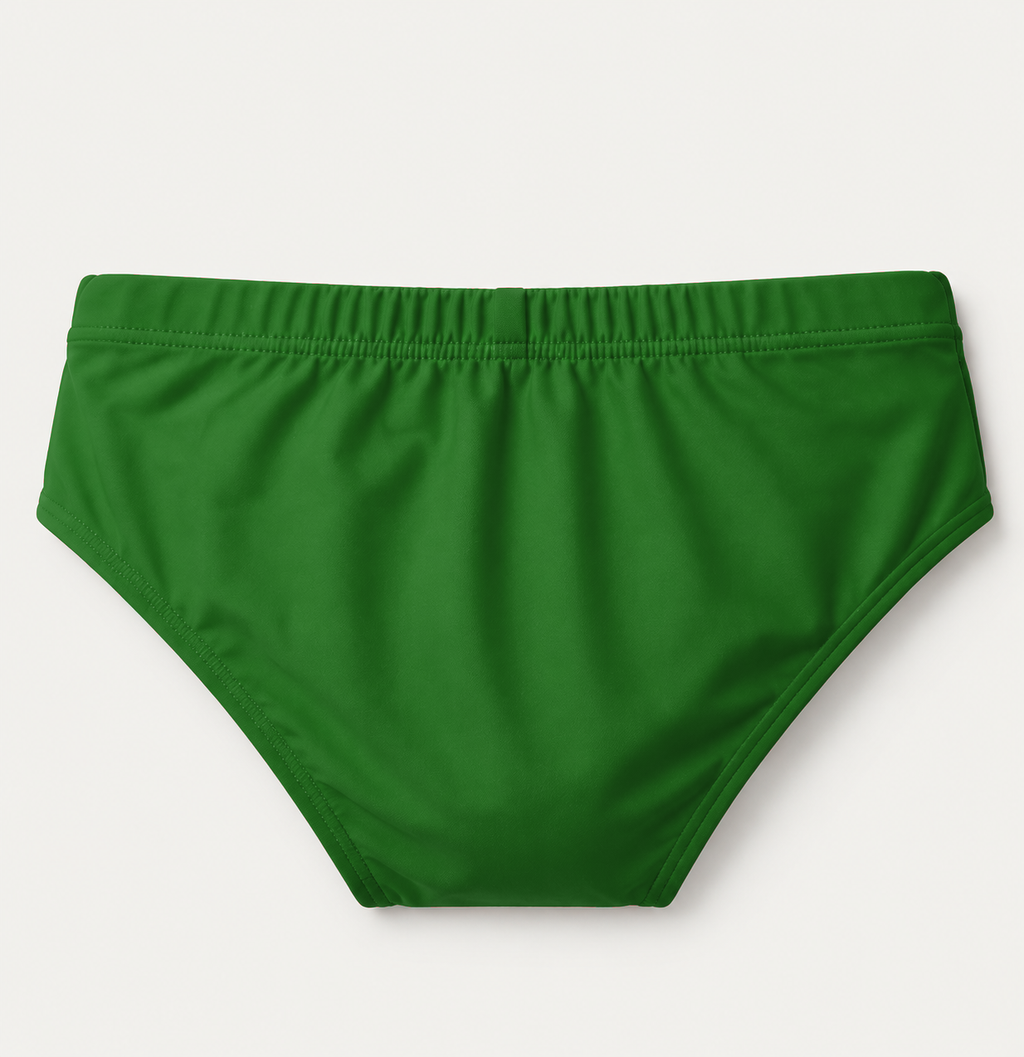 A pair of solid green bikini-style underwear laid flat against a light off-white background.