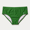 Green bikini bottoms with a light pink inner lining, shown flat against a light off-white background.